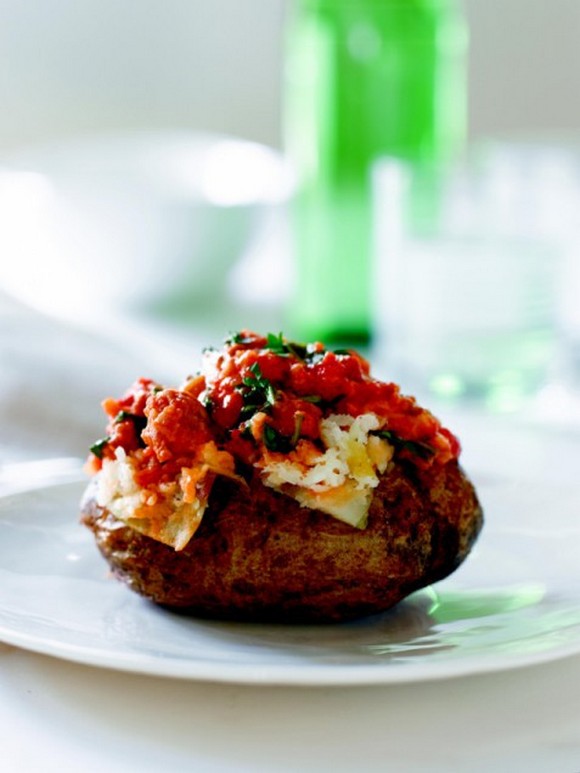 Baked Potatoes with Sausage and Arugula recipe