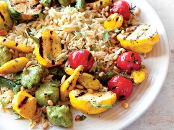 Grilled Squash & Orzo Salad with Pine Nuts & Mint recipe