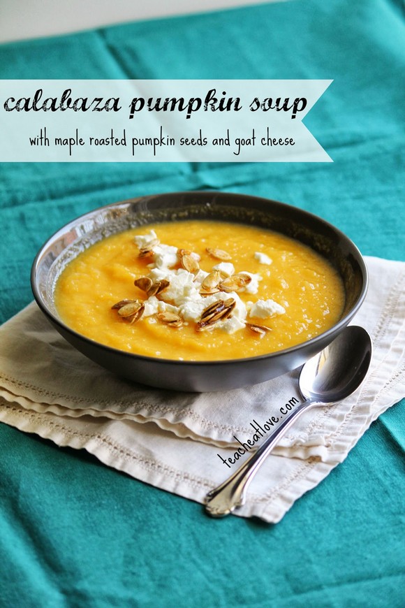 Calabaza Pumpkin Soup with Maple Roasted Pumpkin Seeds and Goat Cheese recipe photo