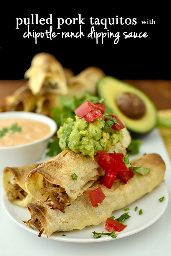 Crock Pot Pulled Pork Taquitos with Chipotle-Ranch Dipping Sauce recipe photo