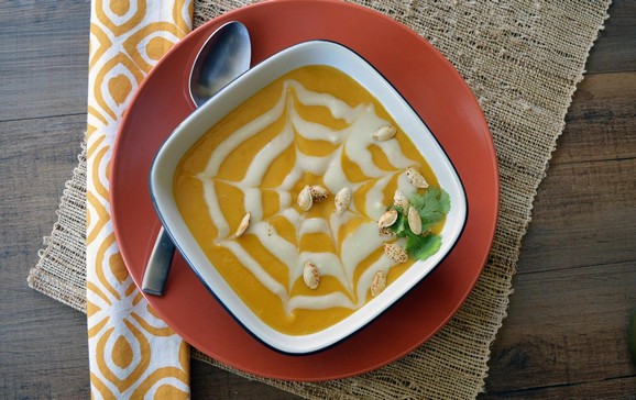 Halloween Chipotle Pumpkin Soup with Sweet Potato Cream recipe photo