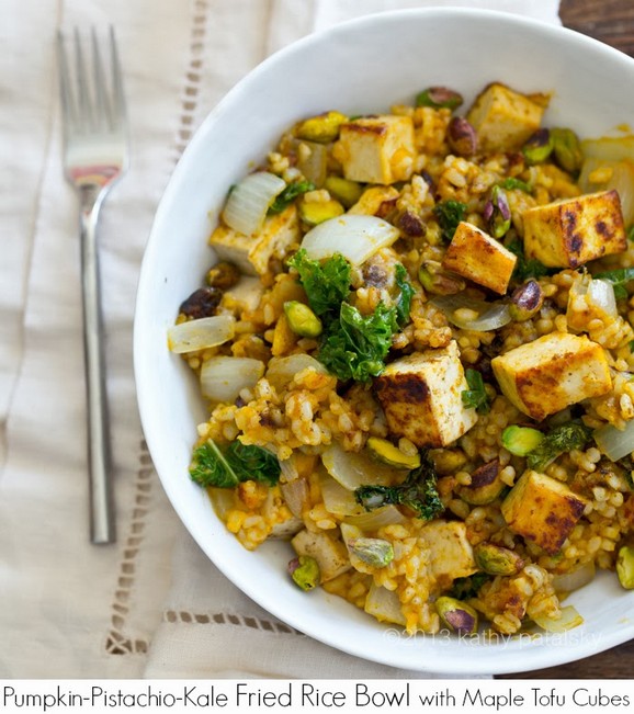 Pumpkin-Pistachio Kale Fried Rice Bowl with Maple Tofu Cubes recipe photo