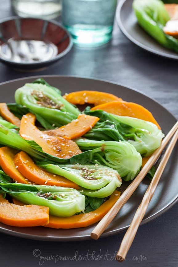 Vegan, Paleo Steamed Pumpkin and Baby Bok Choy with Ginger Sesame Sauce recipe photo