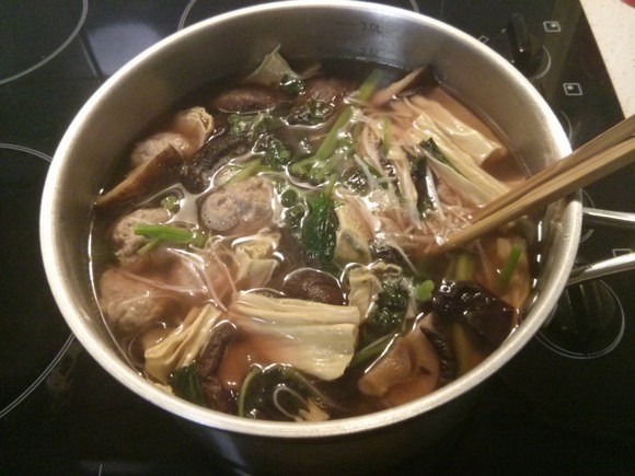 En Choy (Chinese Red Spinach) and Pork Meatball Soup with Bean Curd and Asian Mushrooms recipe photo