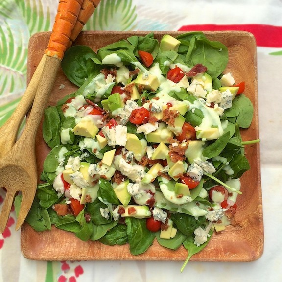 BLT Spinach Salad with Avocado Chive Dressing recipe