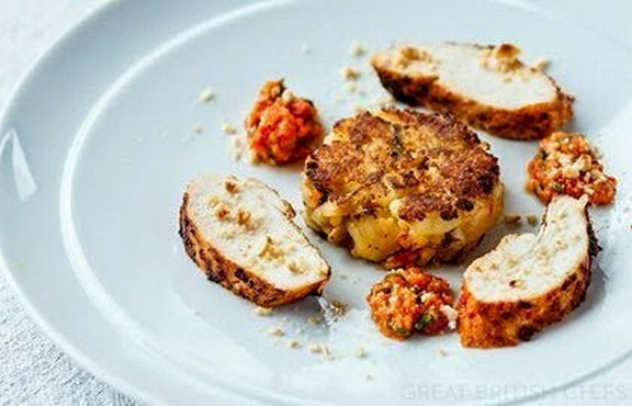 Chargrilled chilli chicken breast with Jersey Royals and romesco cakes recipe