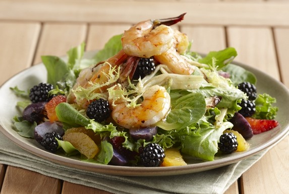 Cedar Grilled Prawns with Blackberry Citrus Salad