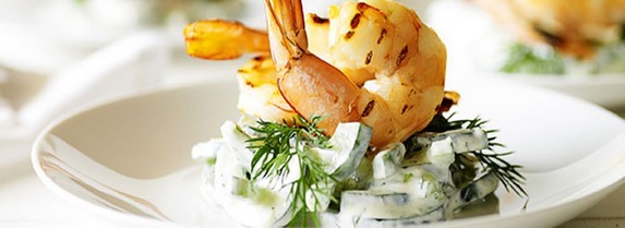 Char-Grilled Prawns with Creamy Cucumber and Dill Salad