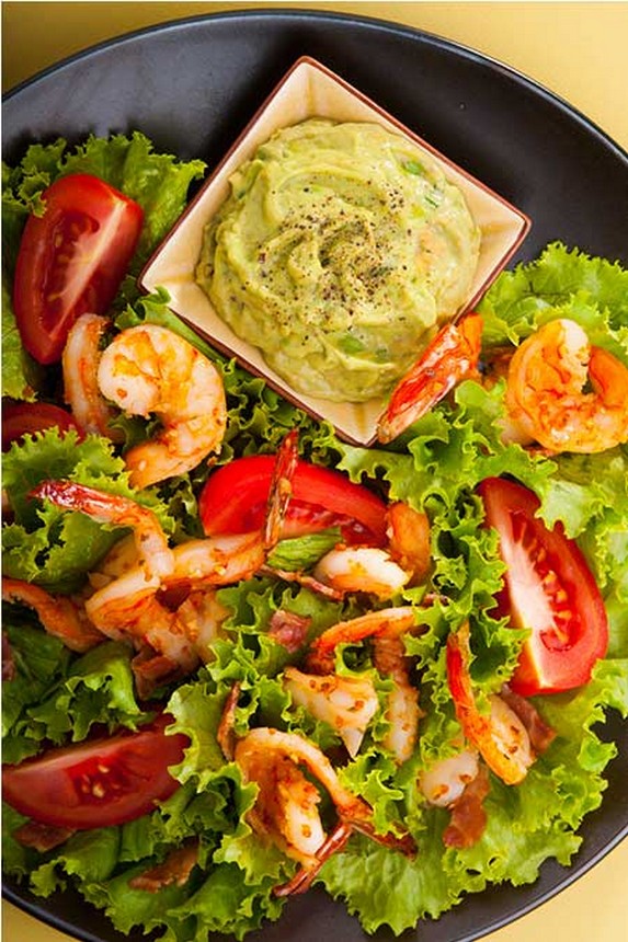 Grilled Prawn Salad with Tomatoes and Avocado Aioli