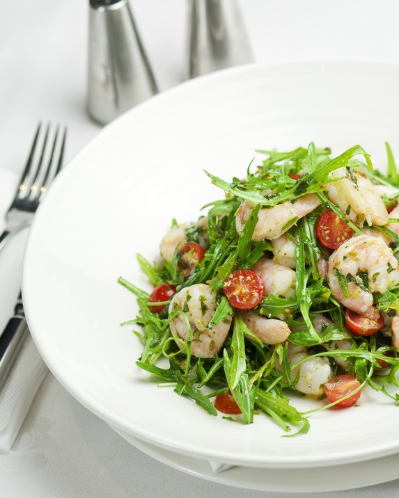 Grilled Prawns with Salsa Verde, Rocket and Cherry Tomatoes