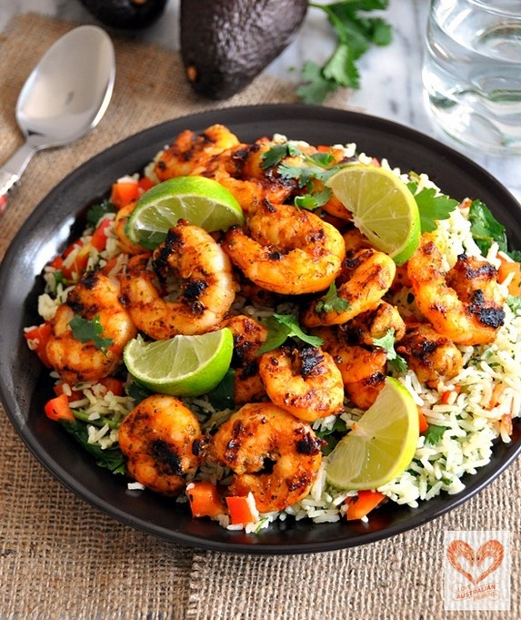 Marinated Grilled Prawns with Green Rice Salad