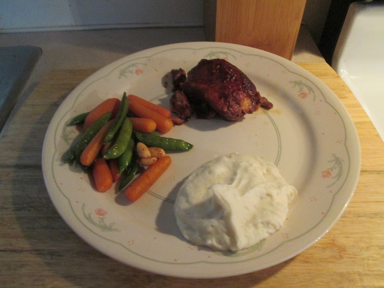 Honey-Garlic Slow Cooker Chicken Thighs with Mashed Potatoes, Sugar Snap Peas and Carrots