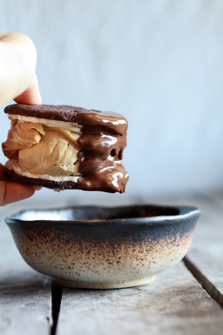 Chocolate Dipped Homemade Peanut Butter Oreo Mocha Ice Cream Sandwiches