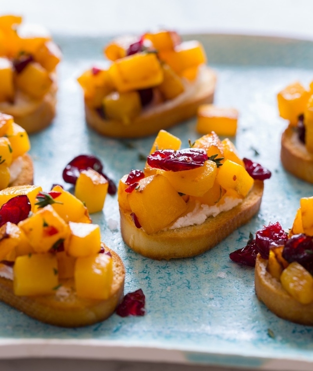 Butternut Squash, Cranberry and Goat Cheese Crostini
