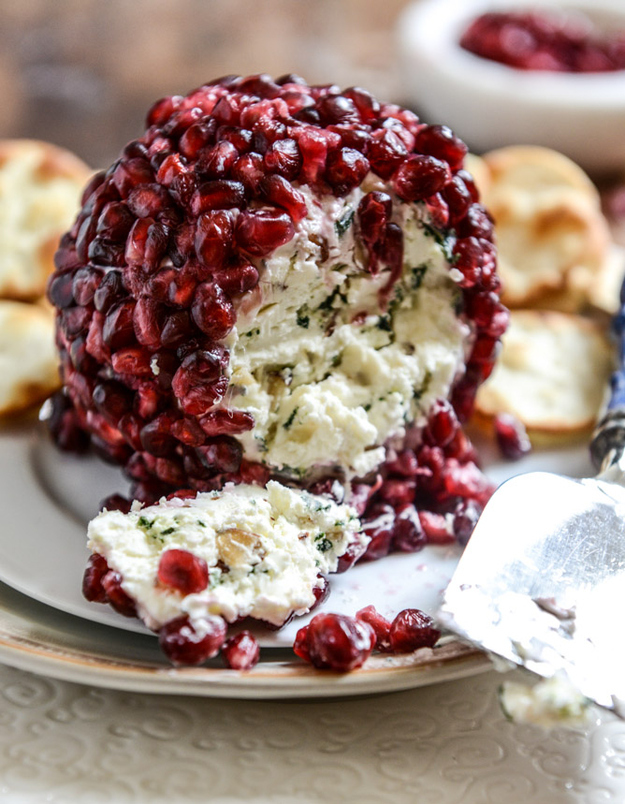 Pomegranate-Jeweled White Cheddar, Toasted Almond, and Crispy Sage Cheese Ball