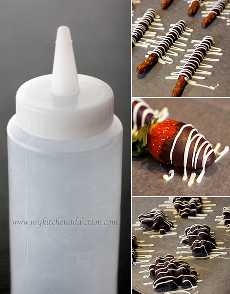 Set the condiment bottle in warm water for drizzling chocolate