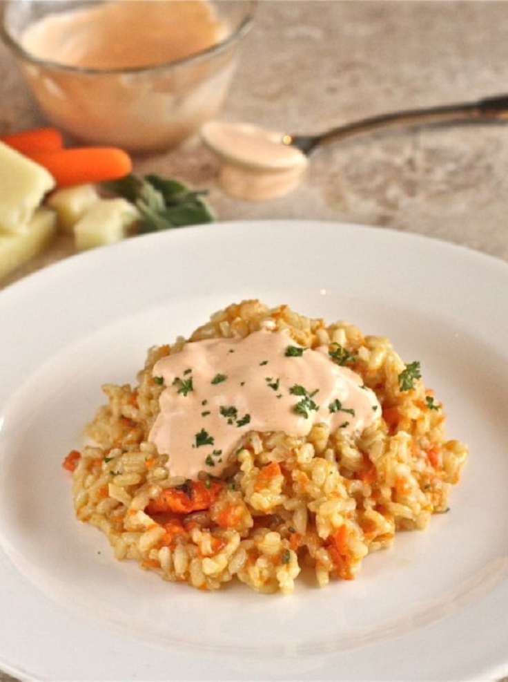 Carrot and Manchego Risotto with Brown Butter and Sriracha Cream Sauce recipe