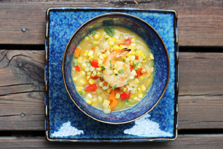 Roasted Corn Chowder with Grilled Shrimp recipe