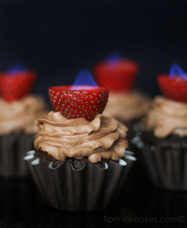 Chocolate Cupcakes With Flaming Strawberries recipe