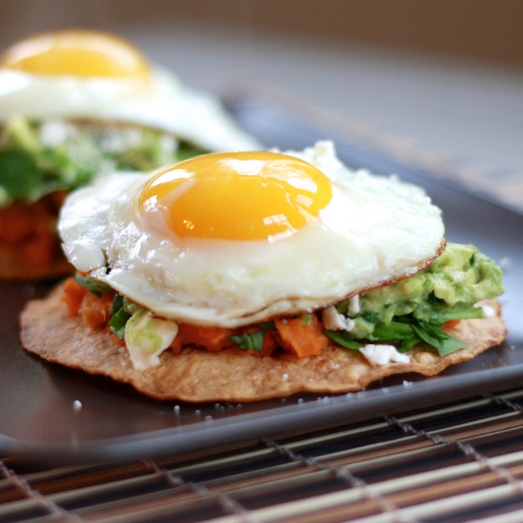 Guacamole Tostadas with Sweet Potatoes and Fried Eggs recipe