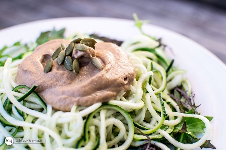 Zucchini Noodles with a Red Onion Leek and Avocado Sauce recipe